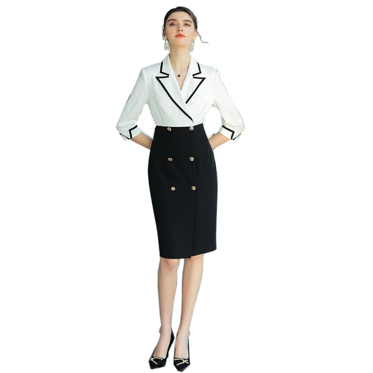 High Quality Blazer Dress New Design Slim Fit  Three Quarter Sleeves Elegant White Black Career Dress