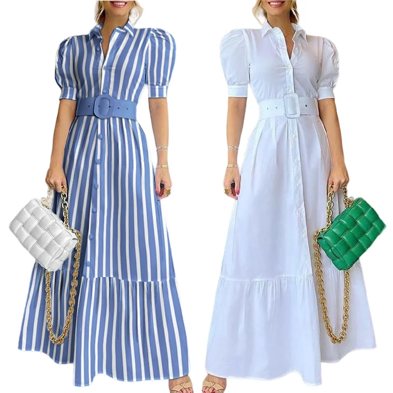 YQY6401 New Arrivals Women Summer Dress Puff Sleeve Button Up Stripe Shirt Dress Elegant Ladies Office Dress With Belt