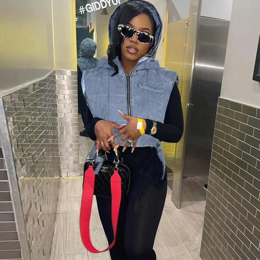 Y2K Vintage Hooded Puffer Denim Vest Coat Jacket Women 2023 Streetwear Side Slit Bandage Cropped Hoodies Jeans Denim Vest