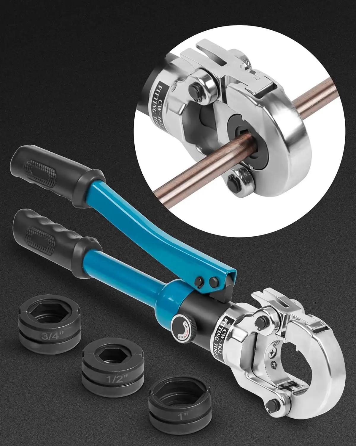 Hydraulic Stainless Steel Crimper Kit with 1/2' 3/4' 1' Jaw Tee Copper Fitting Pex Pipe Press Crimping Tool for Narrow Spaces