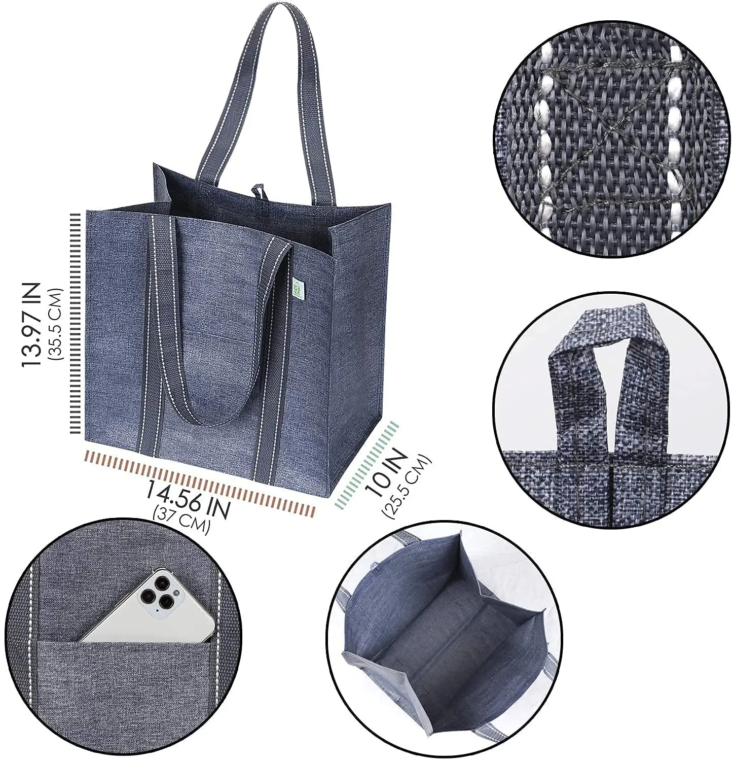 Durable Triple Layer Construction Grocery Tote Bag Shopping Container Picnic Basket with Reinforced Sturdy Long Handle