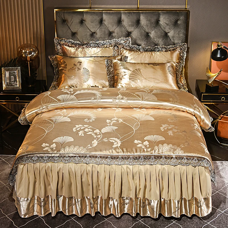 Hot sale European Korean Solid Color Cotton Light Luxury Cheap Bedding Set 4 Pieces Lace Edge Bed Skirt Bedding Set