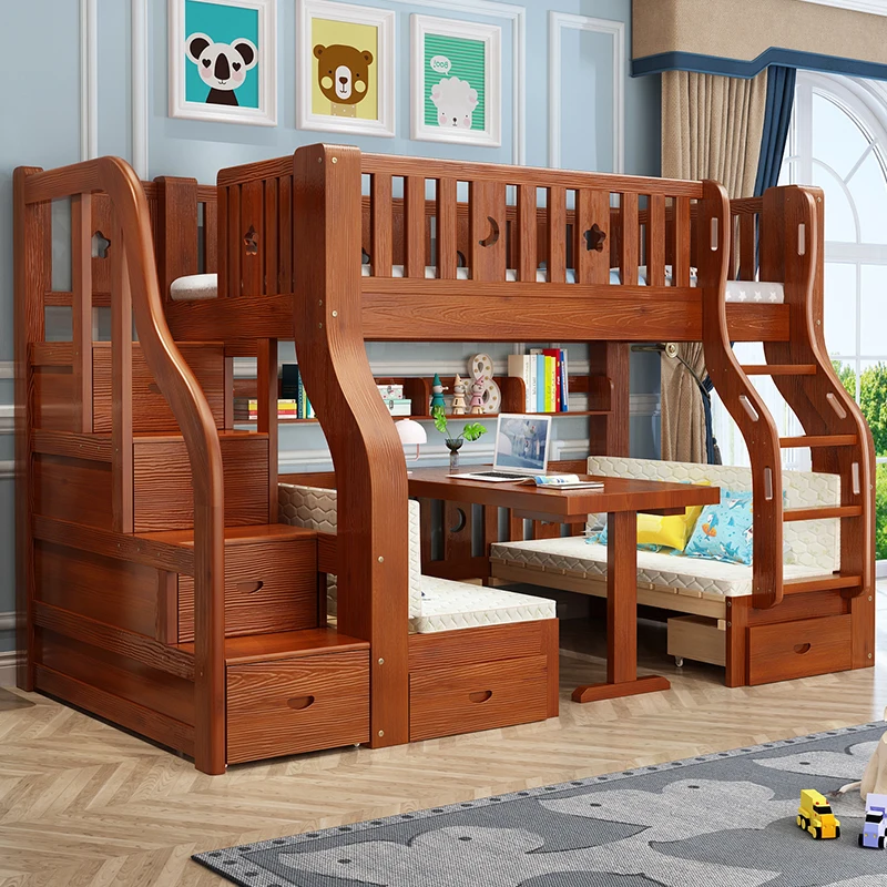 
Children Double Kids Solid Wood Pine Bunk Beds With Stairs Study Table In Wood 