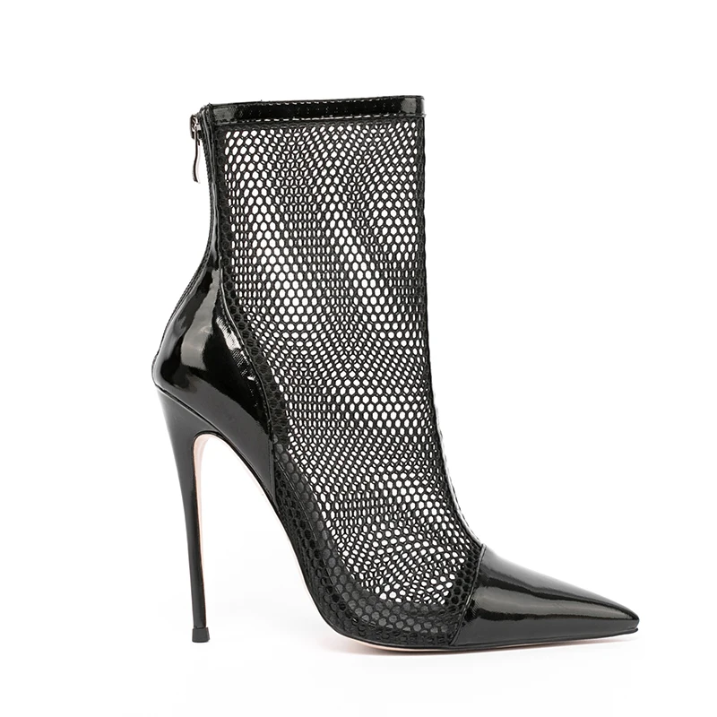 WETKISS Custom Back Zipper Pointed Toe Ankle Boots Stiletto Booties Black Mesh Summer Boots for Women Ladies