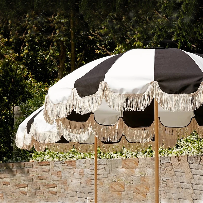 Professional Custom Logo Printed, Bali Luxury Canvas Wooden Pole Stripe Fringe Outdoor Parasols Beach Umbrellas With Tassels/