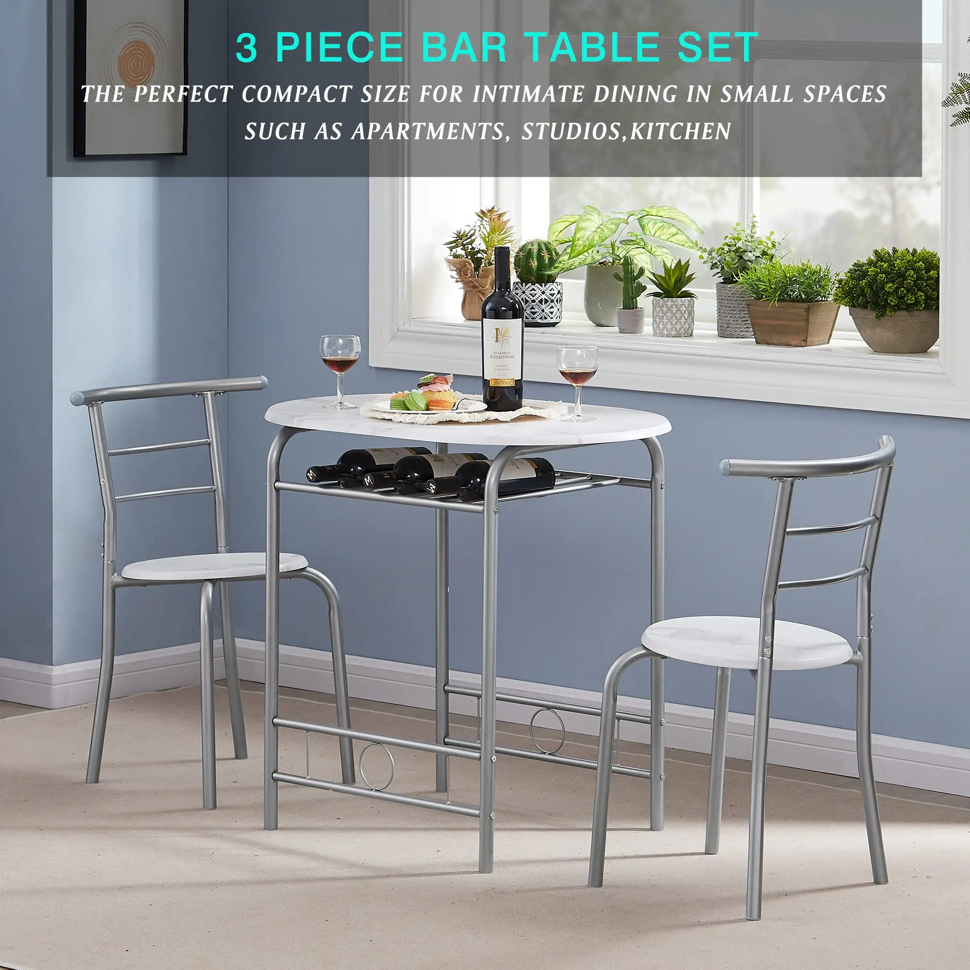 3 Piece Small Round Dining Table Set for Kitchen Breakfast Nook, Wood Grain Tabletop with Wine Storage Rack Save Space White