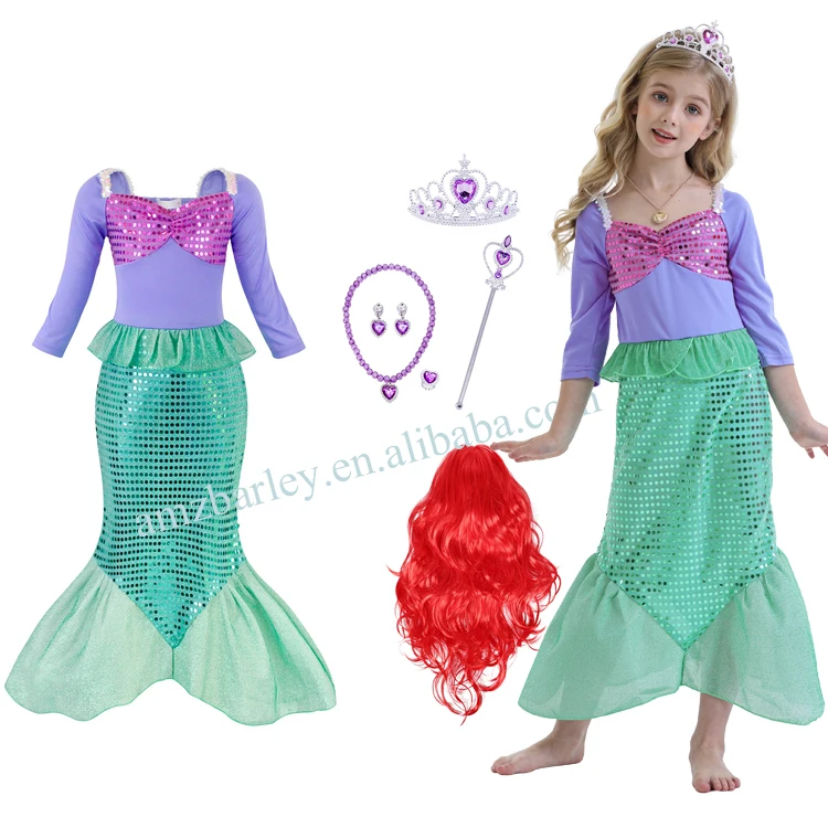 Long Sleeve Sequin Halloween Cosplay kids mermaid costumes Party Fancy Dress Little Mermaid Ariel Princess Costume
