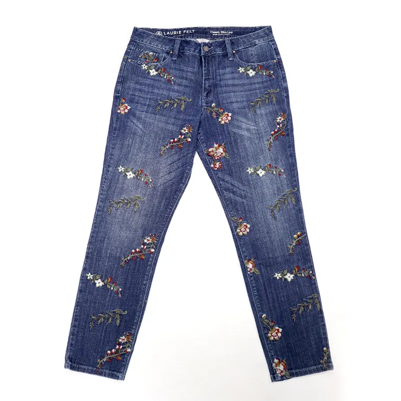Western Fashion High Waist Sky Blue Embroidered Cow Straight Leg Denim Jeans Women trousers jeans denim