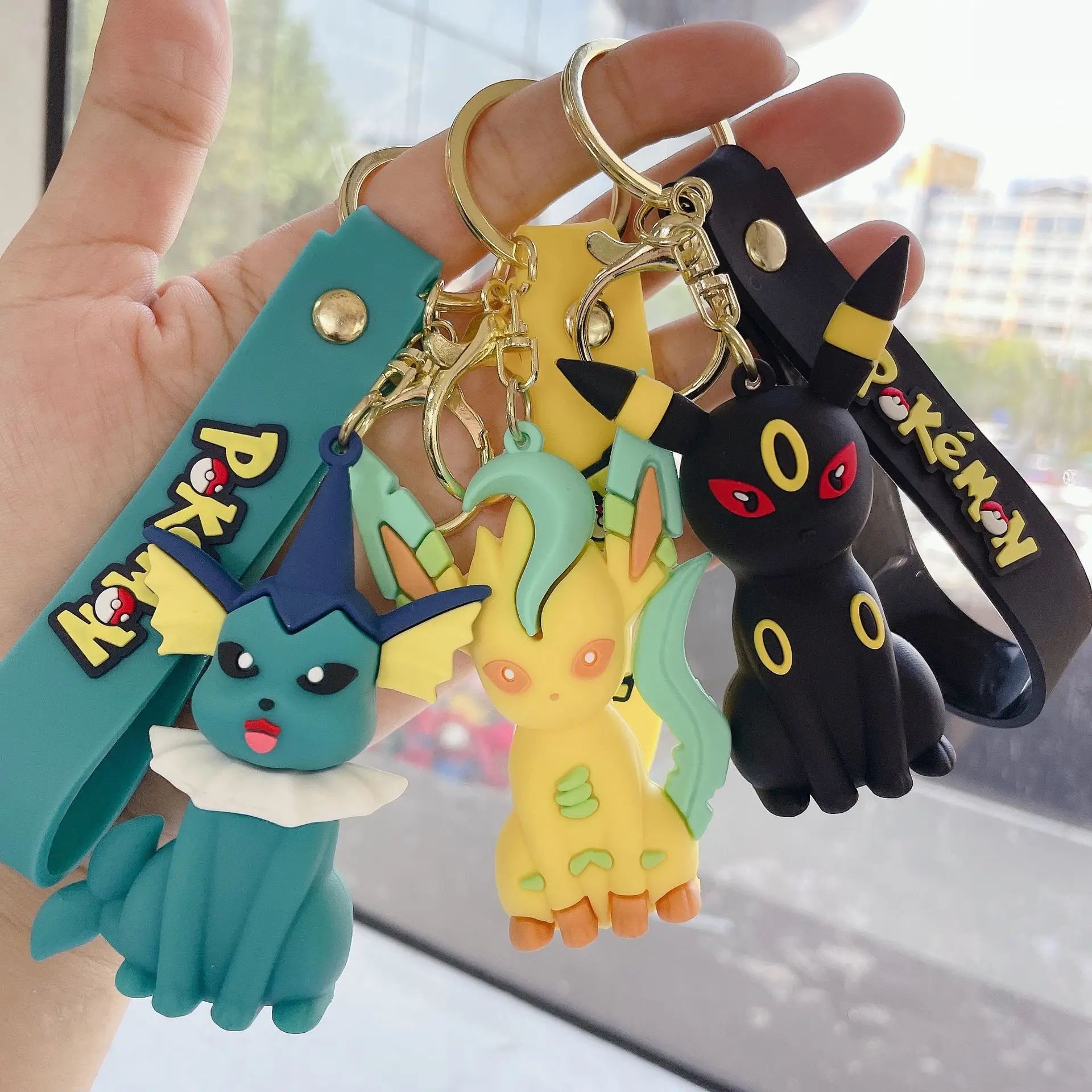 2024 New Designs Cute Cartoon EEVEE 3D Soft PVC Keychain Silicone Car Key Ring Rubber Wrist Anime Pokemon Keychain