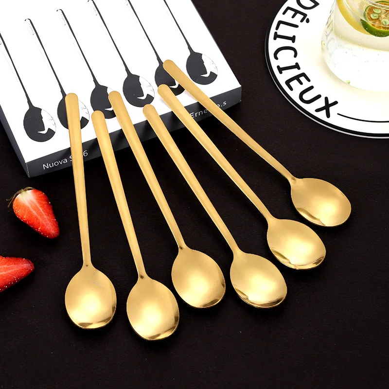 Stainless Steel Korean Style Small round Spoon Coffee Milk Tea Stir Small Spoon Ice Cream Dessert Spoon Long Handle Golden