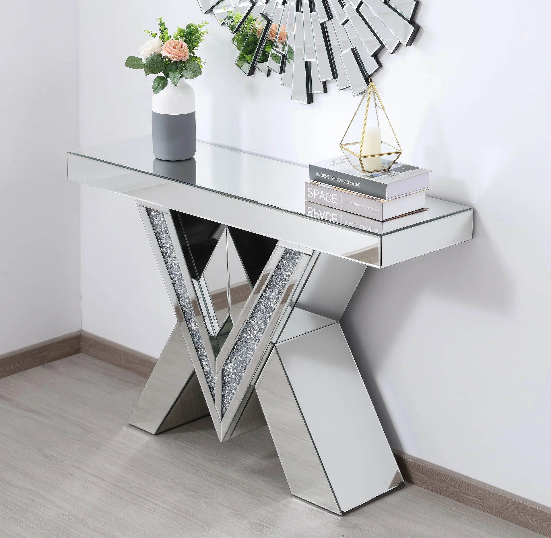 
Hot sales crushed diamond sparkly silver decoration mirrored console table 