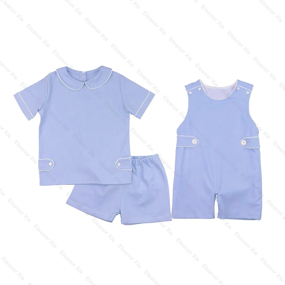 New model summer mint linen peter pan collar kids boys clothing sets summer brothers matching baby toddler outfits