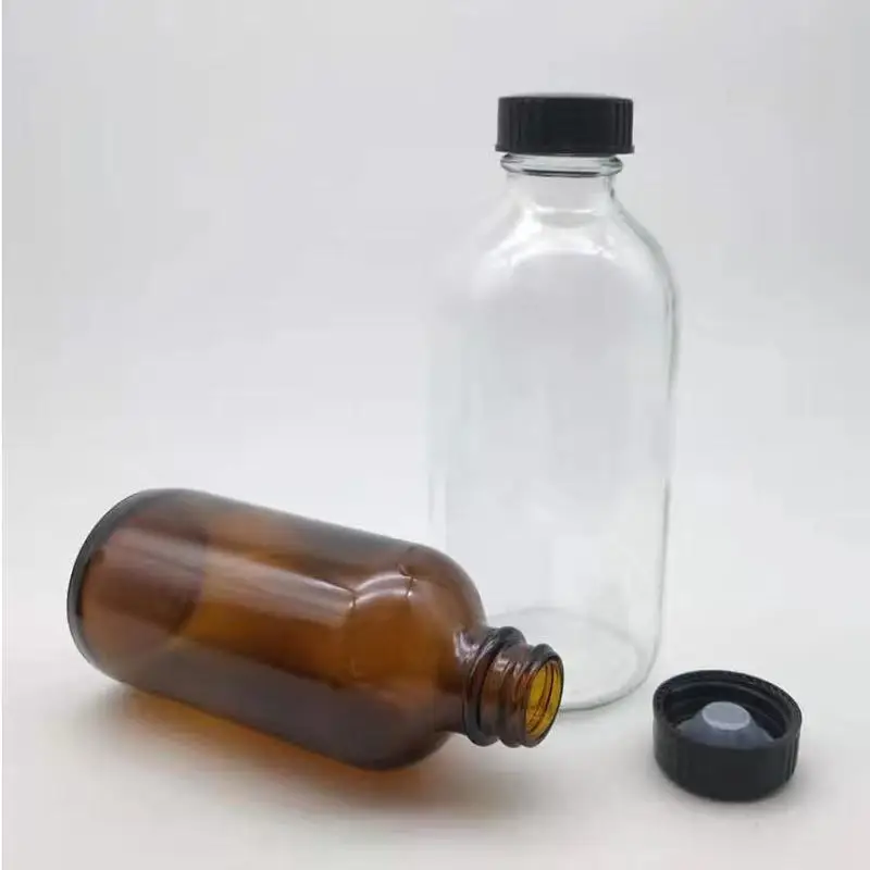 Simple Clear Amber Blue Glass Bottle For Syrup Screw Finish Wide Mouth Boston Round GPI Standard Finish Buston Bottle Glass 16oz