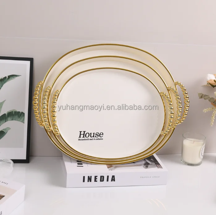 Food Grade 3PCS Plastic Tray Set Round Luxury Black Green Fruit Snack Ramadan Tray With Handle For Bar Home Party