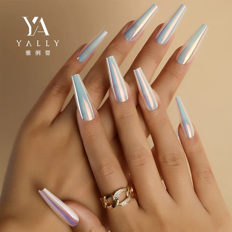 Custom Long Ballerina ABS Aurora Mirror Glazed Press On Nail Blue Color Full Cover French Long Coffin Artificial Fingernail Tips