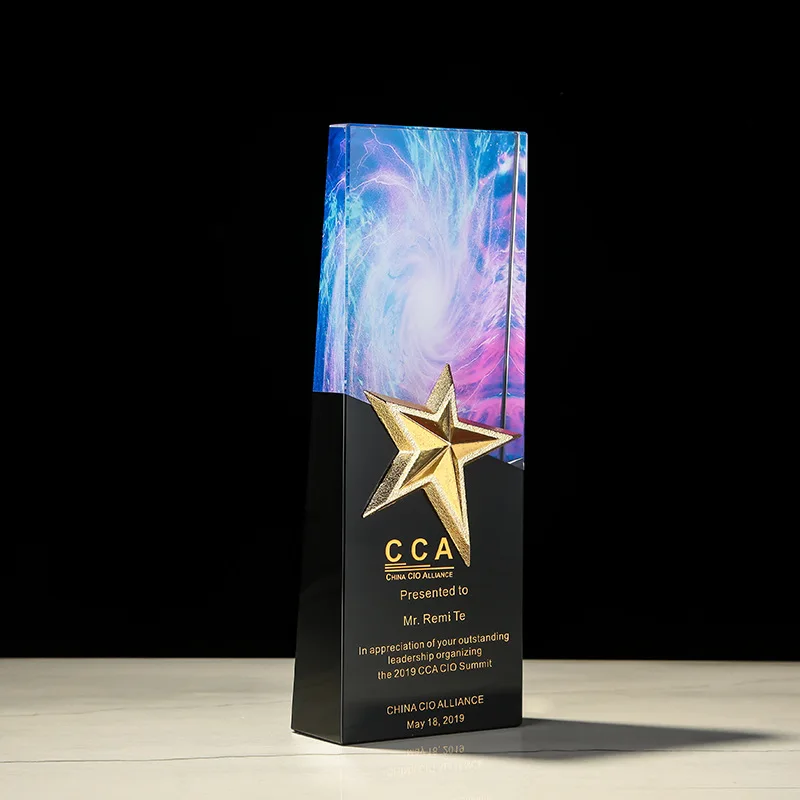 Crystal Dance Trophy Color Printing Photo Bevel Screen Metal Five-pointed Star Outstanding Staff Medal Licensing Card