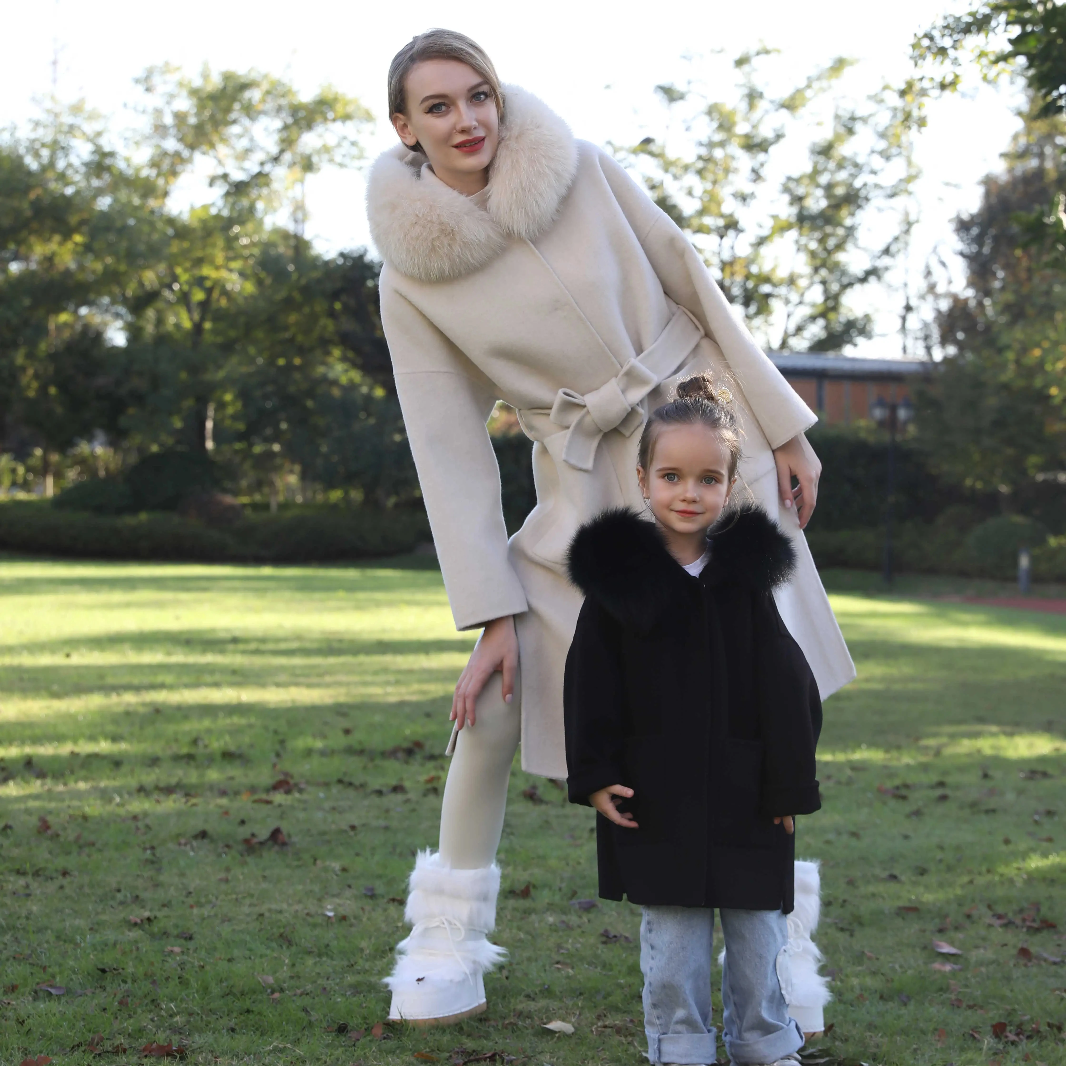 Janefur New Arrival Wool Overcoat For Kids Trench Coat Real Fox Fur Cuffs Girls Winter Cashmere Wool Kids Jacket