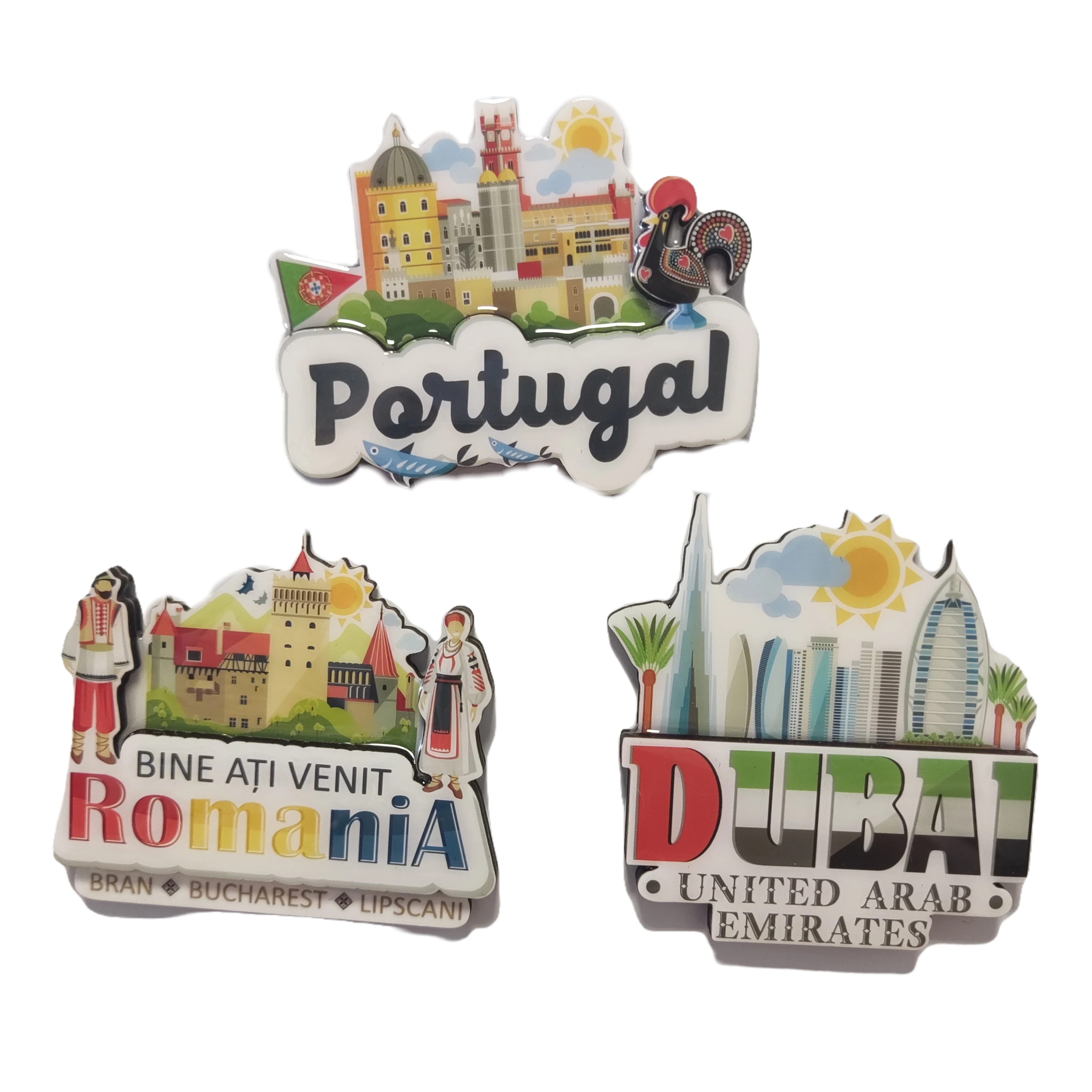 Custom designed logo Dubai Romania Portugal  tourist souvenir  MDF Epoxy double 3D Fridge Magnet