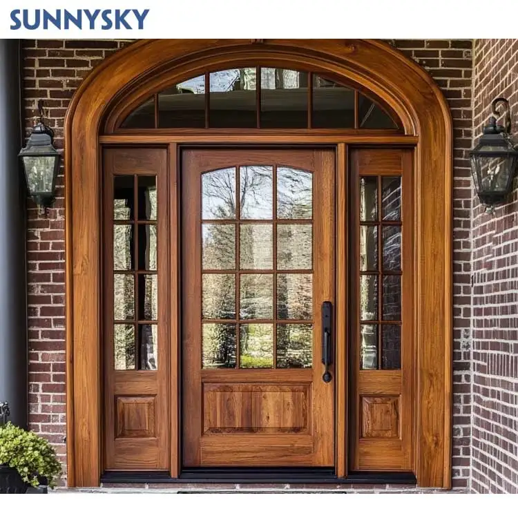 Sunnysky Luxury arched double wooden front entry doors design exterior arch top solid wood main entrance door with glass
