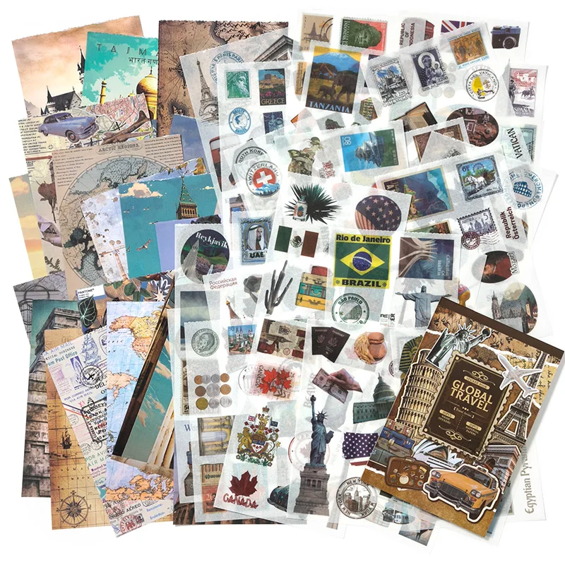Simno 50 Sheets Vintage Travel Stickers World Famous Country Regions Landmark Washi Sticker Book for DIY Decoration