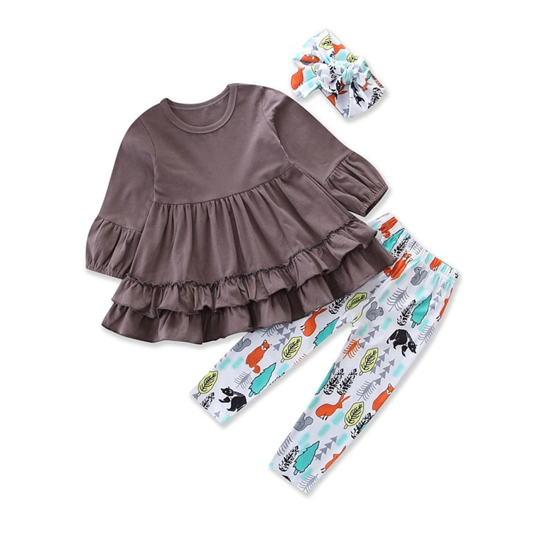 WHS129 Autumn Winter Cute Pretty Infant Baby Girls Clothes 3PCS Ruffles Sleeve Letter Floral Pink Pullover Tops+Pants+Headband