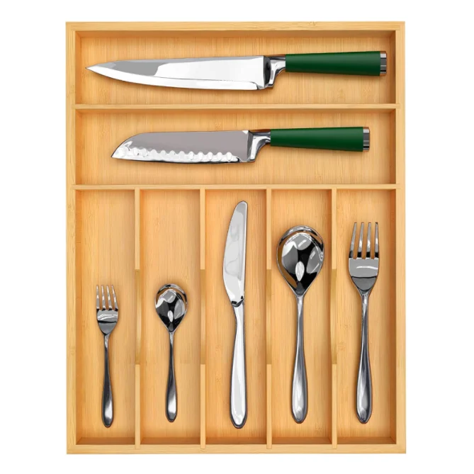 Kitchen Drawer Organizer Silverware Utensil Tray Holder Grooved Drawer Divider Bamboo Wood Caddy for Flatware Cutlery Knives