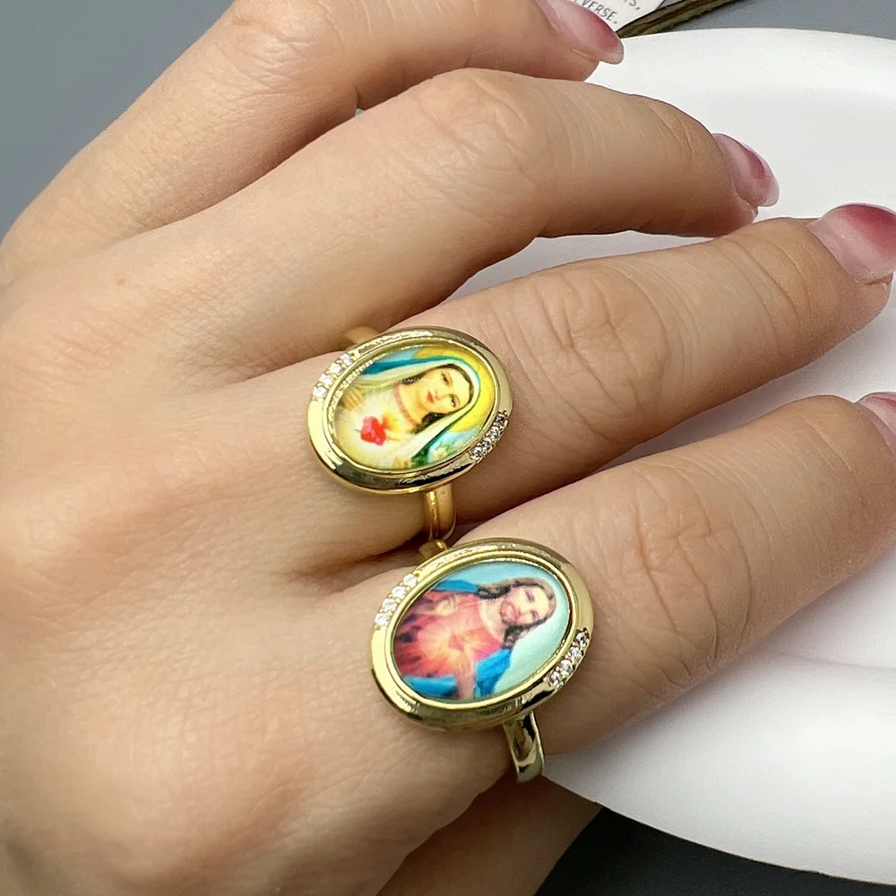 Wholesale Religious Figures Rings For Women Metal Zircon Resin Adjustable Open Ring