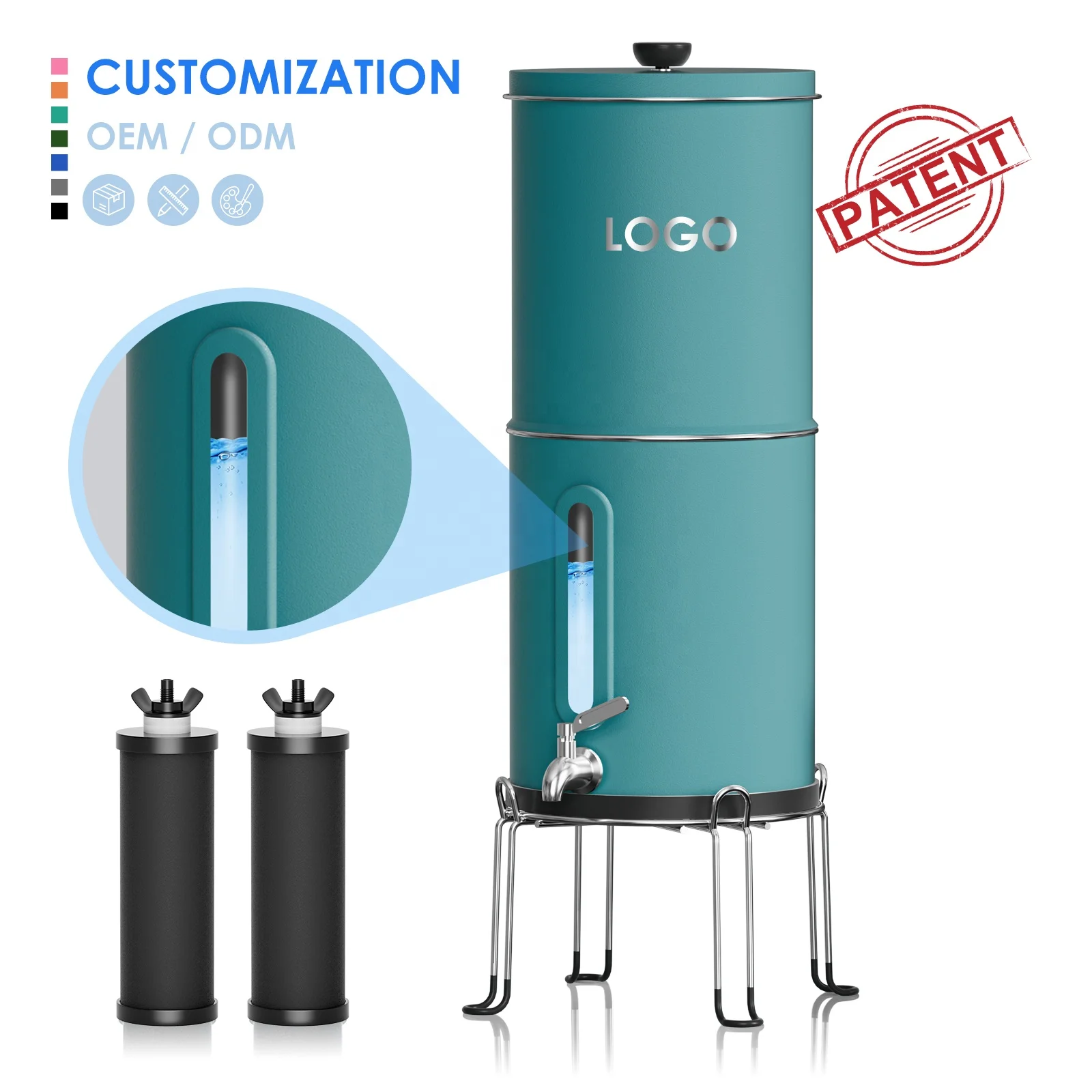 Patent Protected Design 304 Stainless Steel Water Filter Counter Top Gravity Fed Water Filter System 1.0/1.5/2.25/2.9 Gallon