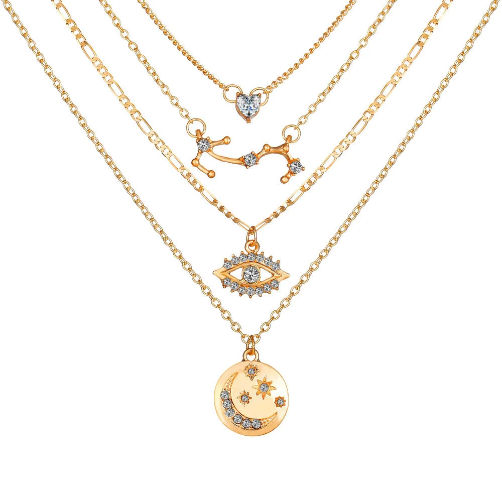 Layered Necklace Crystal Pendant Necklaces Chain for Women and Girls eye Moon Pendant Multilayer Necklace