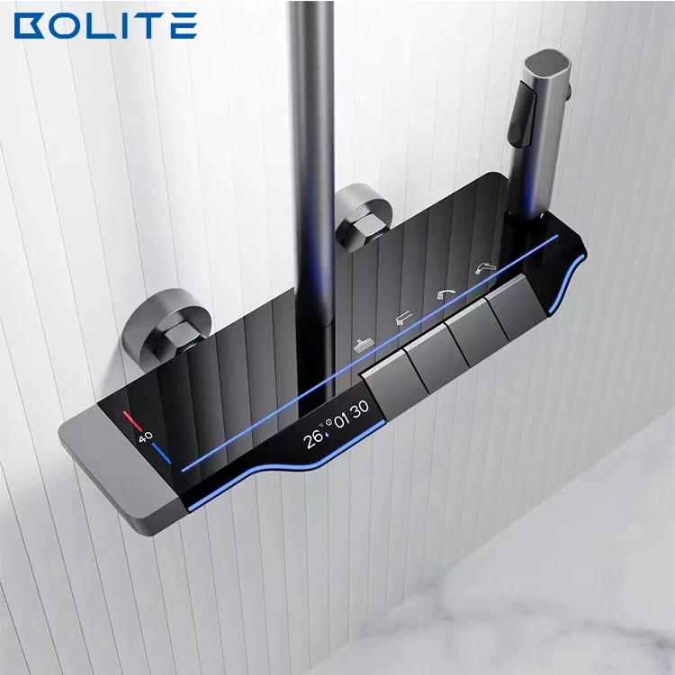 Cold And Hot Led Digital Display Screen No Battery Hydraulic Power 4 Way Rainfall Piano Key Shower Set