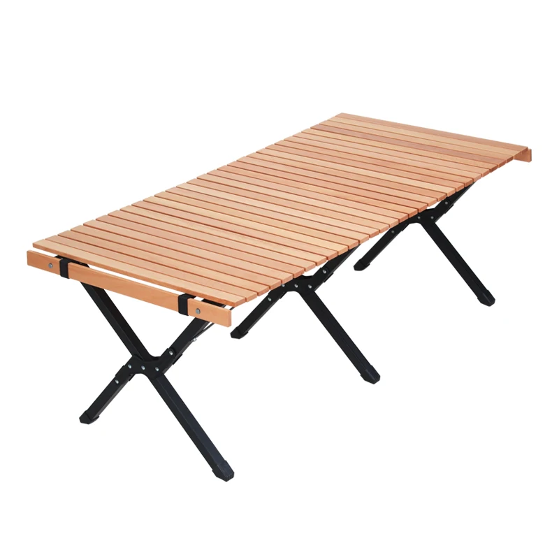 Wholesale Korea Outdoor Portable Aluminum Frame Bamboo Top Wooden Camping Roll Table For Picnic Bbq