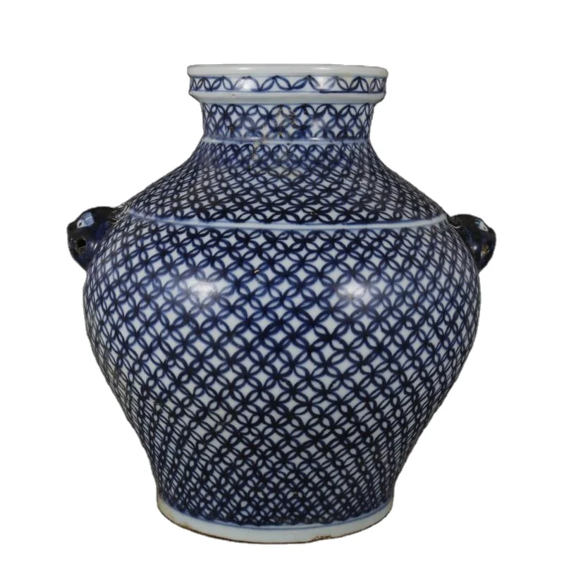 Antique Blue and White All-hand-Painted Copper Coin Pattern Large Decorative Pot with Tiger Head