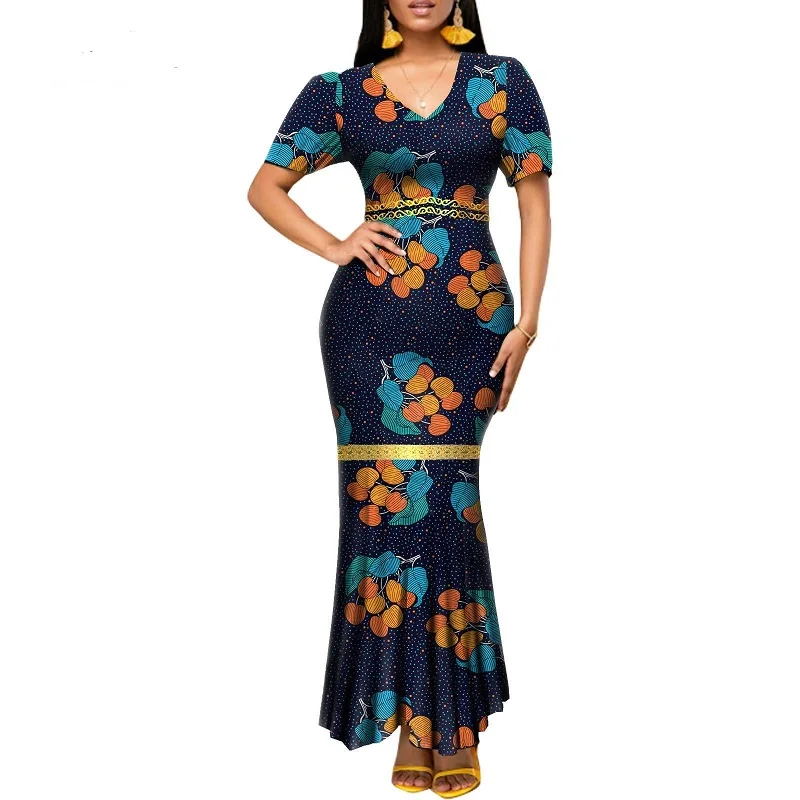 2022 trending original design tailored floral print v neck dress for women