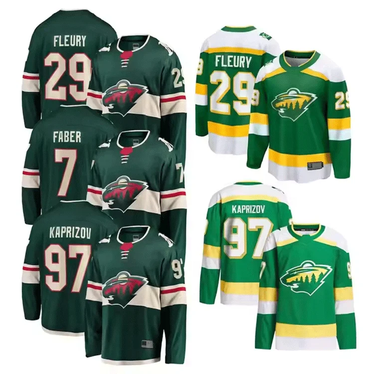 Мужская майка Minnesota 29 Marc Andre Fleury 97 Kirill Kaprizov 7 Brock Faber 14 Joel Eriksson Ek 12 матовая хоккейная Майка