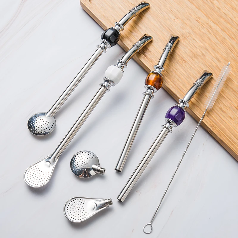 Bombilla Drinking Straws In Bulk Colorful Reusable Yerba Mate Stainless Steel Straw Metal With Filter Spoon