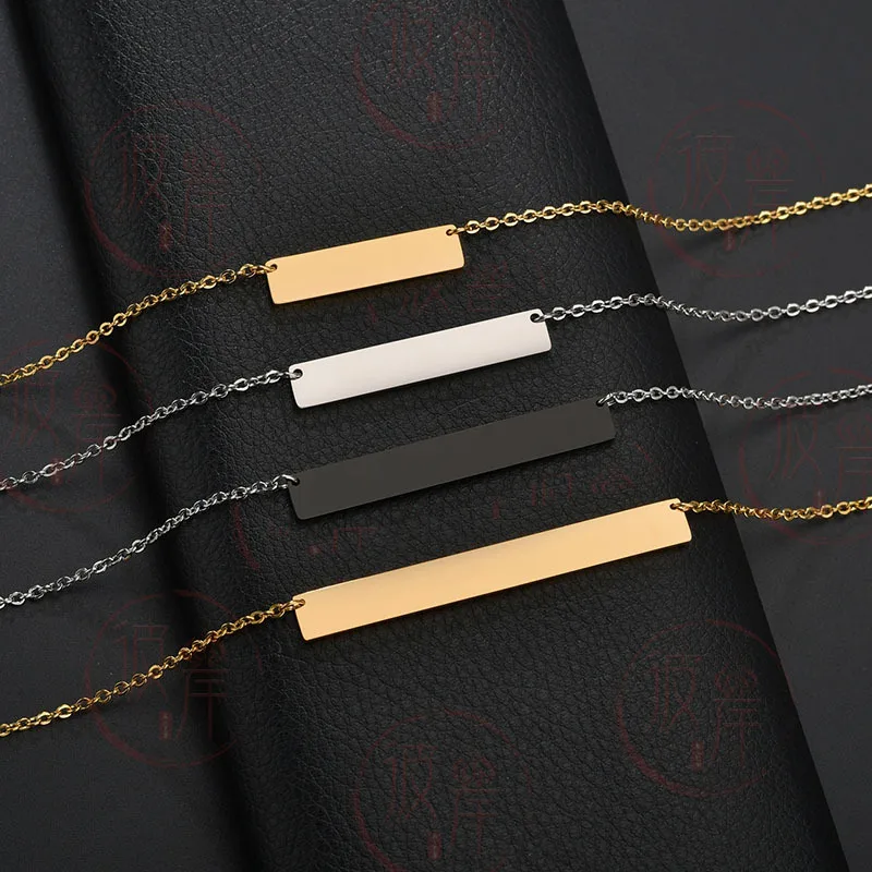 DIY personality nameplate gold plated stainless steel custom name logo rectangle bar pendant choker necklace