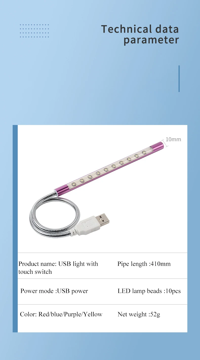 Lightweight and Convenient Desktop 10 LED Reading Light USB Interface Touch Switch for Laptop LED Reading Lighting