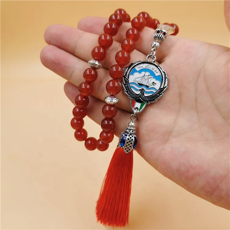 Allah & Muhammad Engraved Natural Red Agate Stone Rosary Islamic Muslim Prayer Beads Tasbih