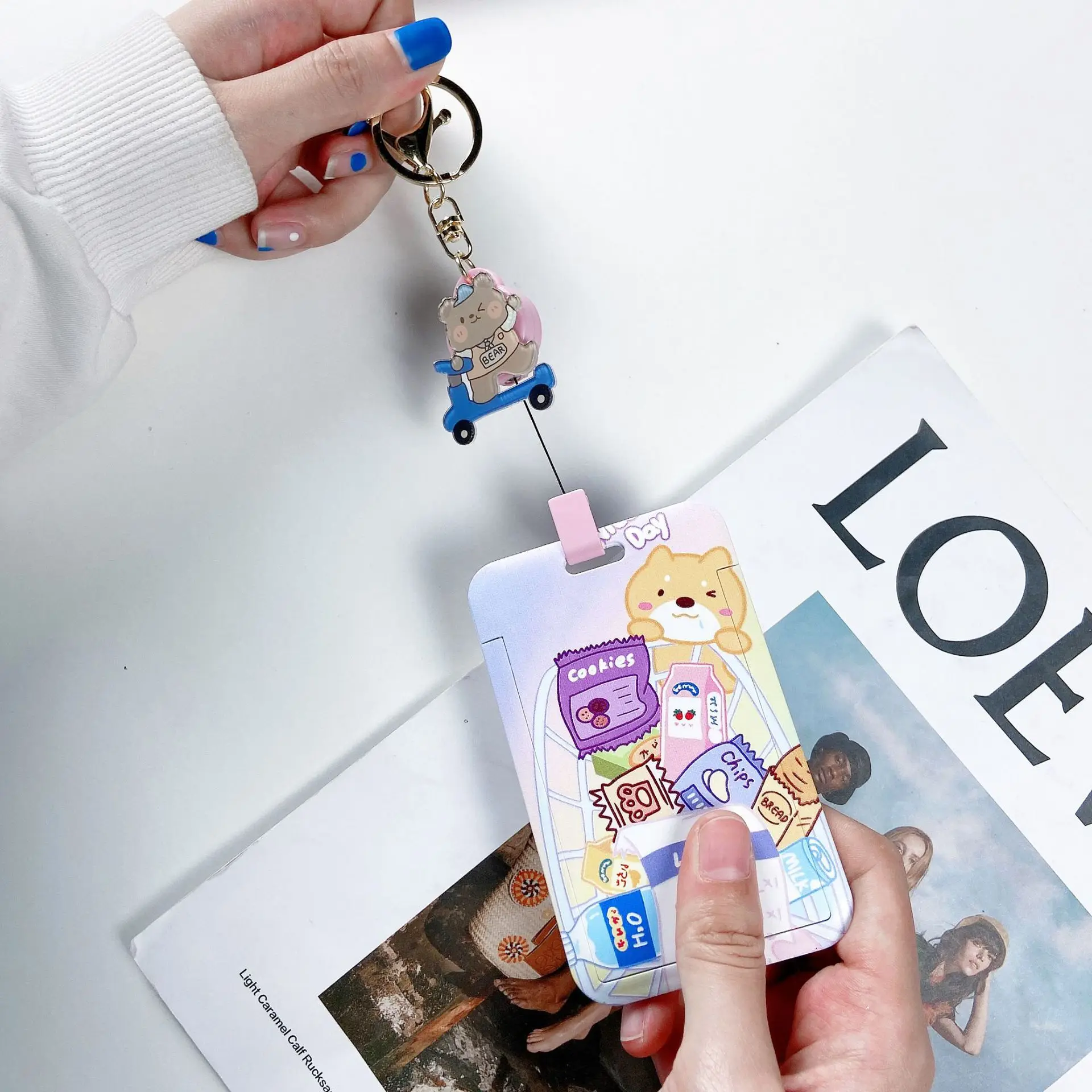 Keychain Card Holder Lovely Cartoon Dinosaur Rabbit ABS Plastic Badge Student Name Tag Cards Case with Scalable Easy Pull Buckle