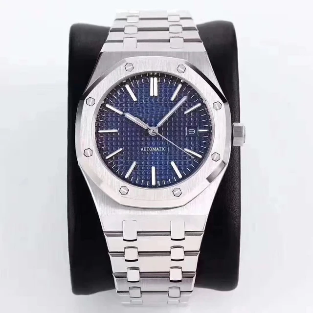 Classic New Men Watch Stainless Steel Automatic Mechanical Silver Rose Gold Blue Black Royal Sapphire Back See Through Oaks