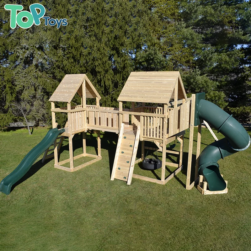 TOP Outdoor Activity Play Structure With Slide For Toddlers Wooden Outdoor Playground Play Set Climbing Swing And Slide