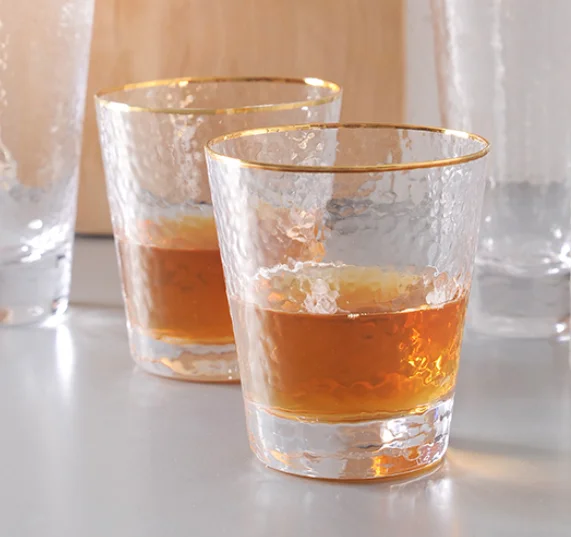Crystal Diamond Stemless Whiskey Vodka Cocktail Glass with Gold Rim Set of 2 Gift Box Packing
