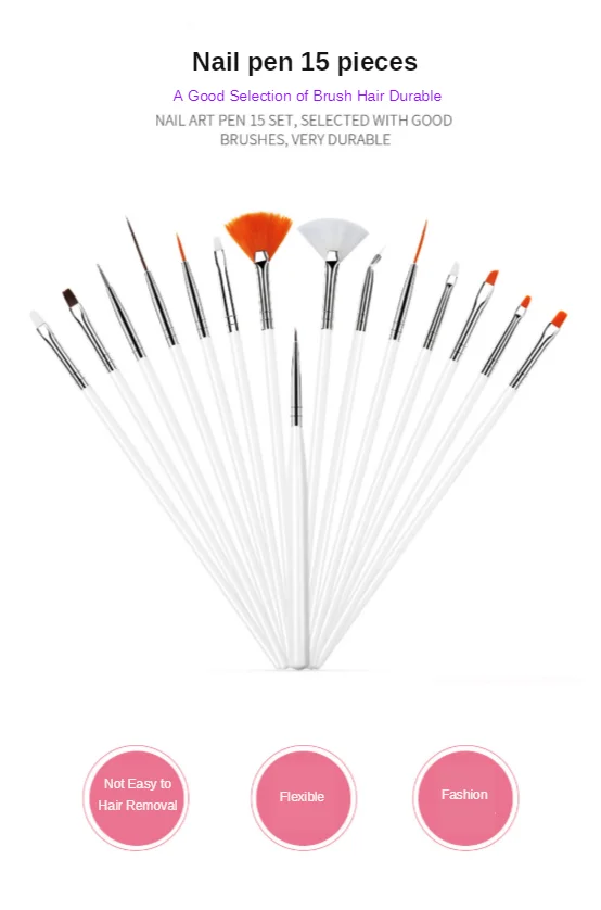 Wholesale nail art brush tool pink 15-piece set multi-specification nylon nail art pen