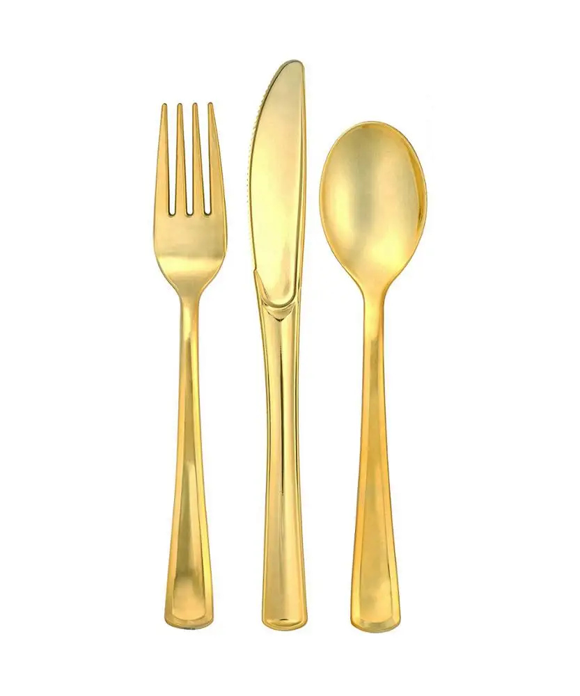 Gold Plastic Silverware- Disposable Flatware Set-Heavyweight Plastic Cutlery- Includes 100 Forks, 100 Spoons, 100 Knives