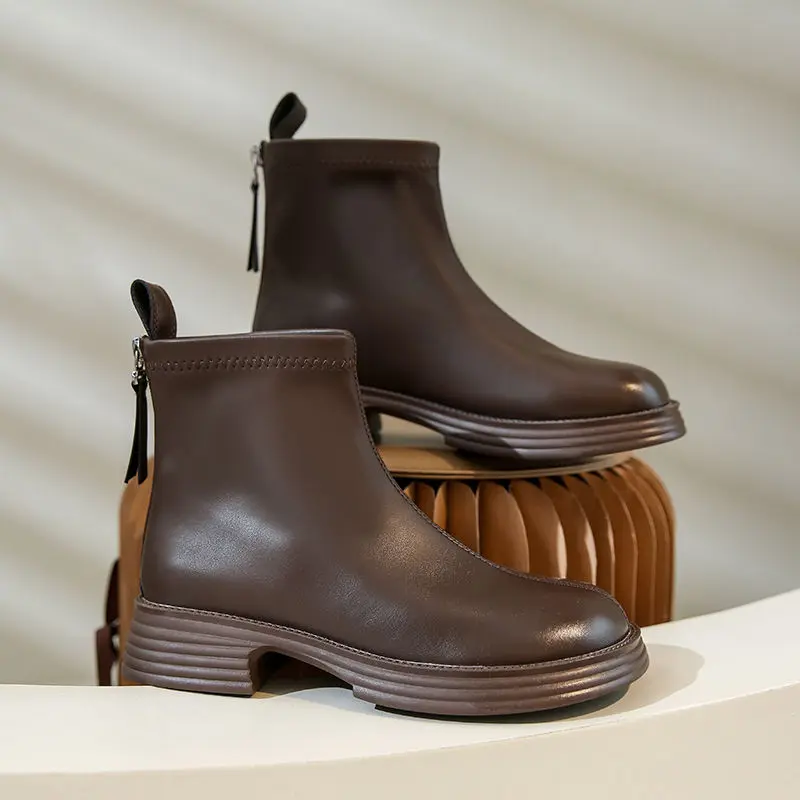 Soft Leather Female Thick Bottom Short Martin Winter Shoes Leather Upper Flat Heel High Quality Brand Women Ankle Boots