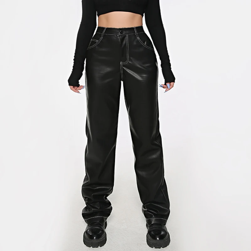 2021 Spring New Arrival Trousers Pants Pantalones De Cuero Mujer With Strings Hanging Pu Leather Pants For Women