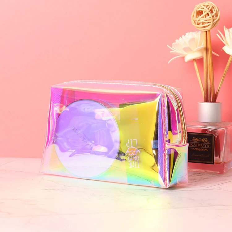 Custom Waterproof PVC Glitter Transparent Toiletries Bag Clear Vinyl Translucent Makeup Pouch Holographic Cosmetic Travel Bag