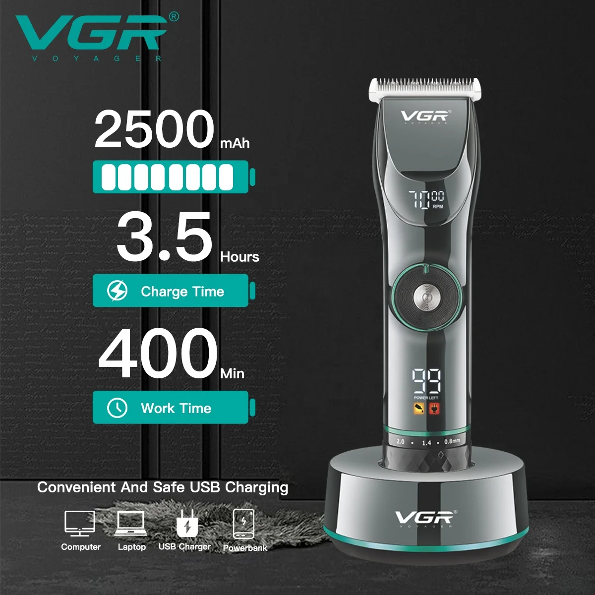 VGR V-256 Professional Cordless Rechargeable Best Barber Supplies Hair Clippers Hair Cutting Machine Trimmer for Men Tondeuse 20