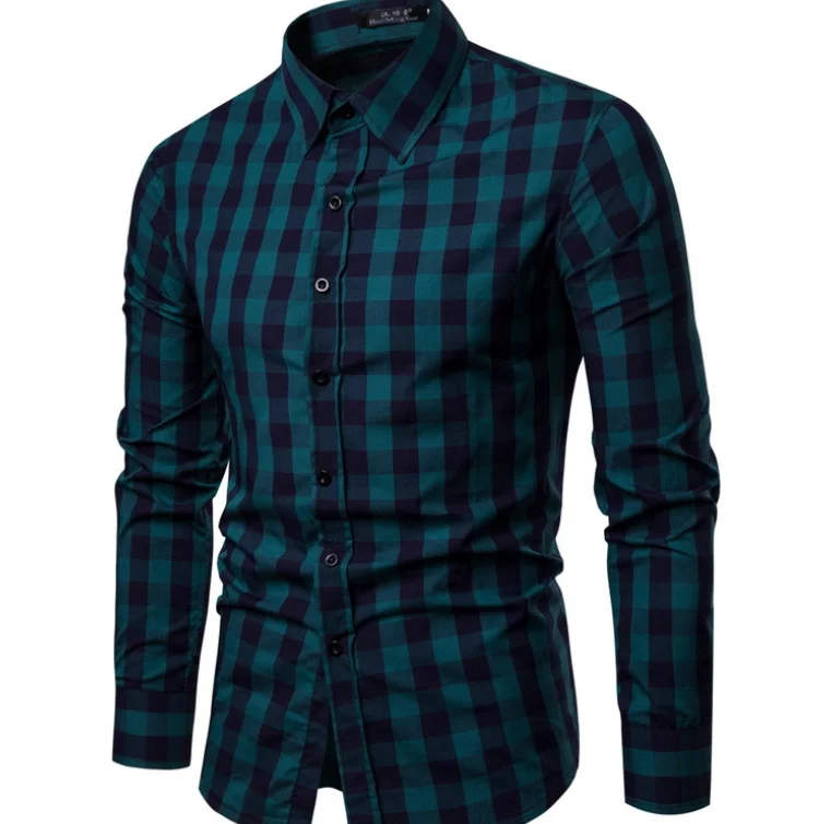
Wholesale 65% Cotton 35% Polyester Regular Fit Long Sleeve Preppy Plaid Collar Shirt Man 