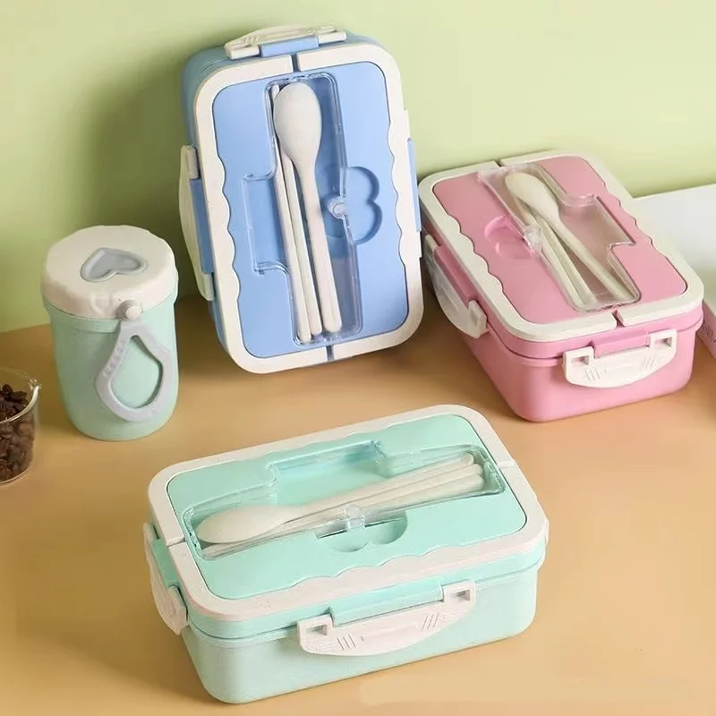 Microwaveable BPA Free Kids Bento Wheat Straw PP Food Storage Container Plastic Collapsible School Children Lunch Boxes